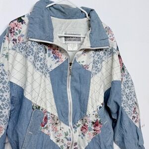 Vintage Patchwork Denim Floral Lace Track Jacket Women Med Bronton Cottagecore